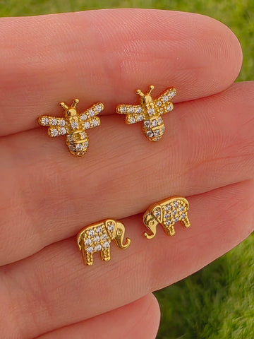 .925 sterling silver bee and elephant stud earrings