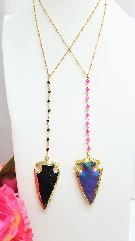 24K Real Gold Plated and Natural agate arrowhead with Titanium coated long Necklace