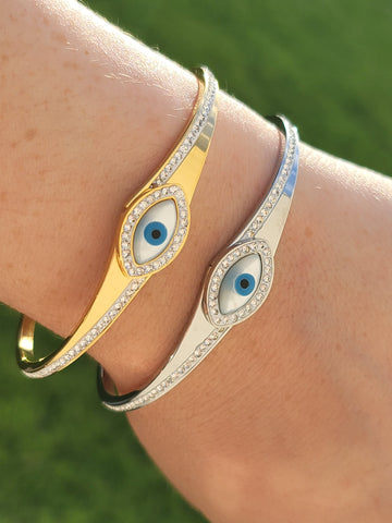 Stainless steel evil eye and cz bangle bracelets