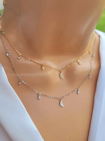 .925 sterling silver dainty moon and star necklaces