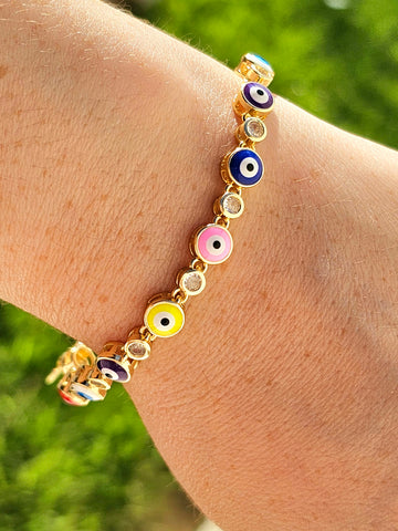 18k gold plated multicolor evil eye and cz bracelets