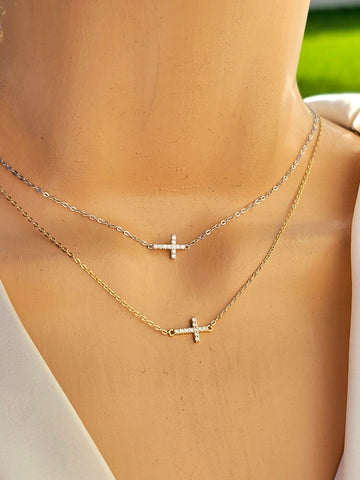 .925 Sterling silver cz dainty side cross necklaces