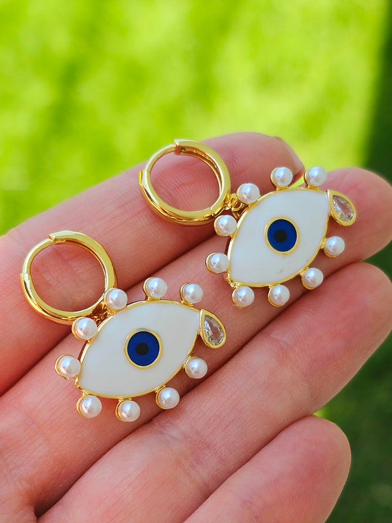 18k real gold plated pearl evil eye hoop earrings
