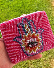 Fashion seed bead hamsa hand coin purse