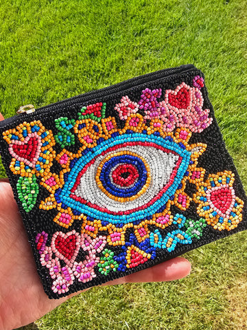 Fashion seed bead evil eye coin purse