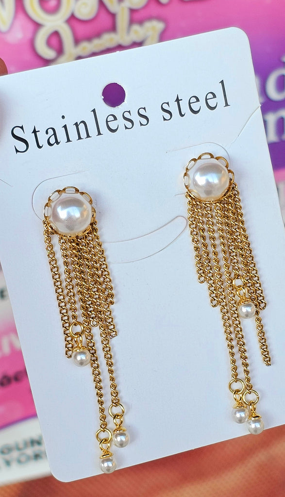 Stainless steel pearl dangling chain earrings