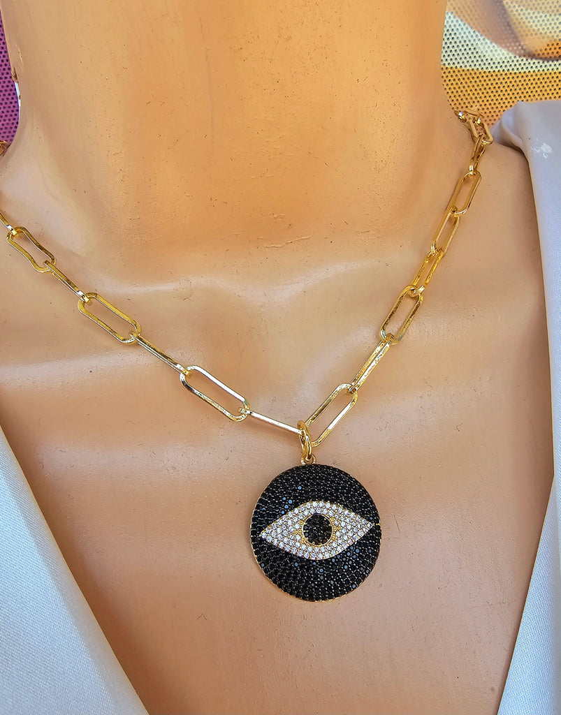 18k real gold plated evil eye paperclip necklaces