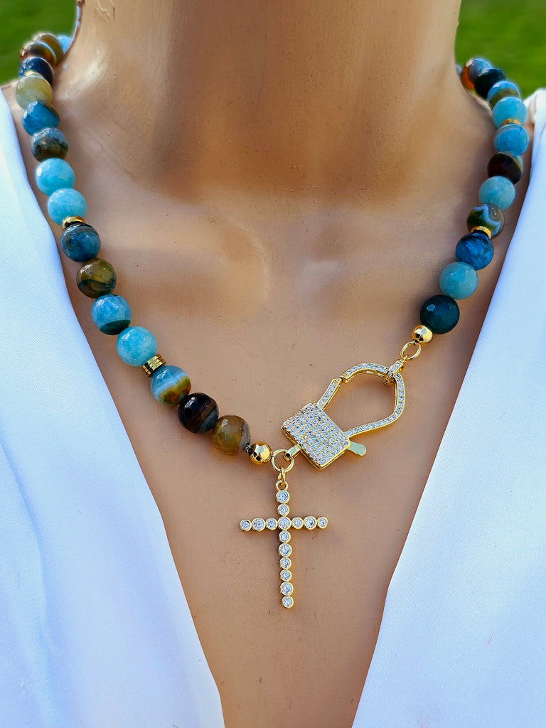 18k real gold plated natural stone, clasp, and cz cross necklaces