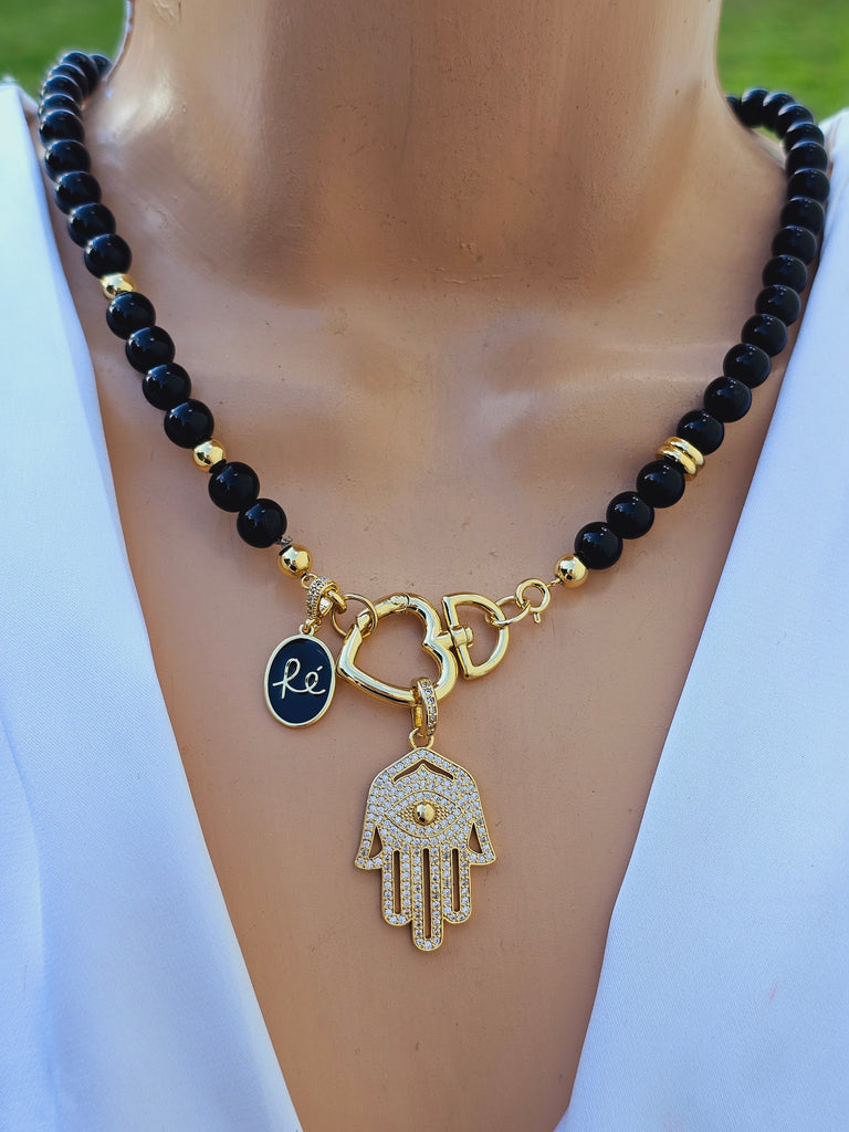 18k real gold plated black onyx and hamsa hand necklaces