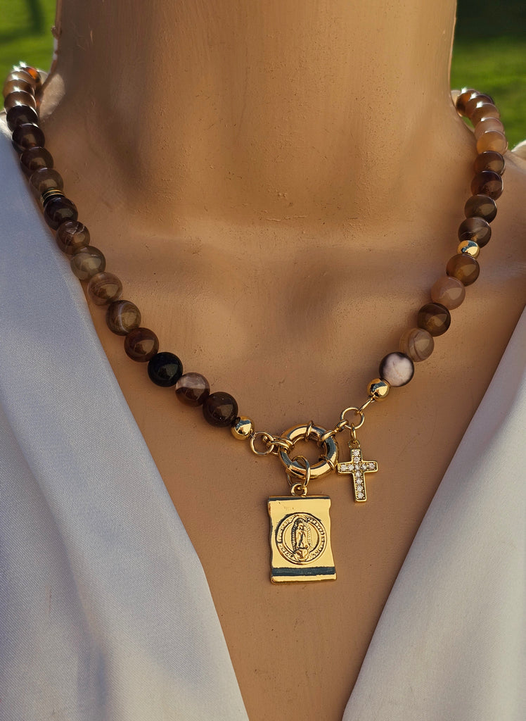 18k real gold plated and natural stone Lady of Guadalupe and cross necklaces