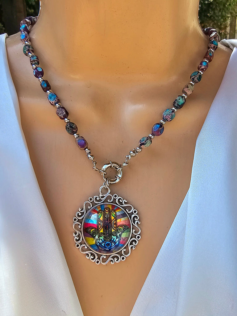 18k real gold plated and natural stone multicolor hamsa hand necklaces