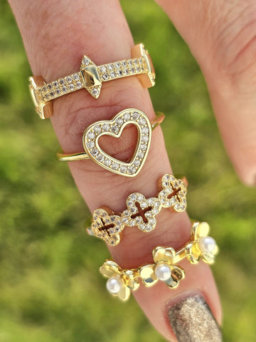 18k gold plated heart, clover, flower rings