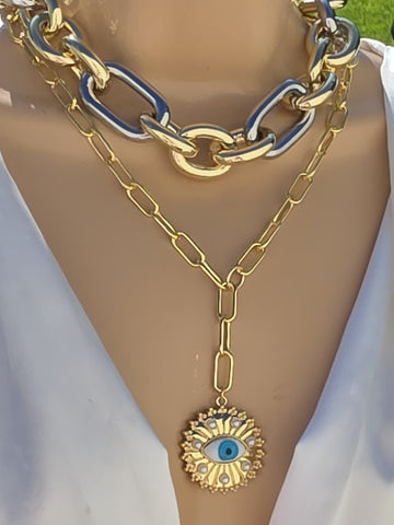 18k gold plated combination chain and evil eye necklaces