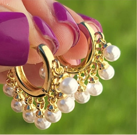18k real gold plated dangling pearl hoop earrings