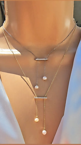 .925 sterling silver cz bar and pearl necklaces