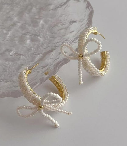 18k gold plated pearl bow hoop earrings