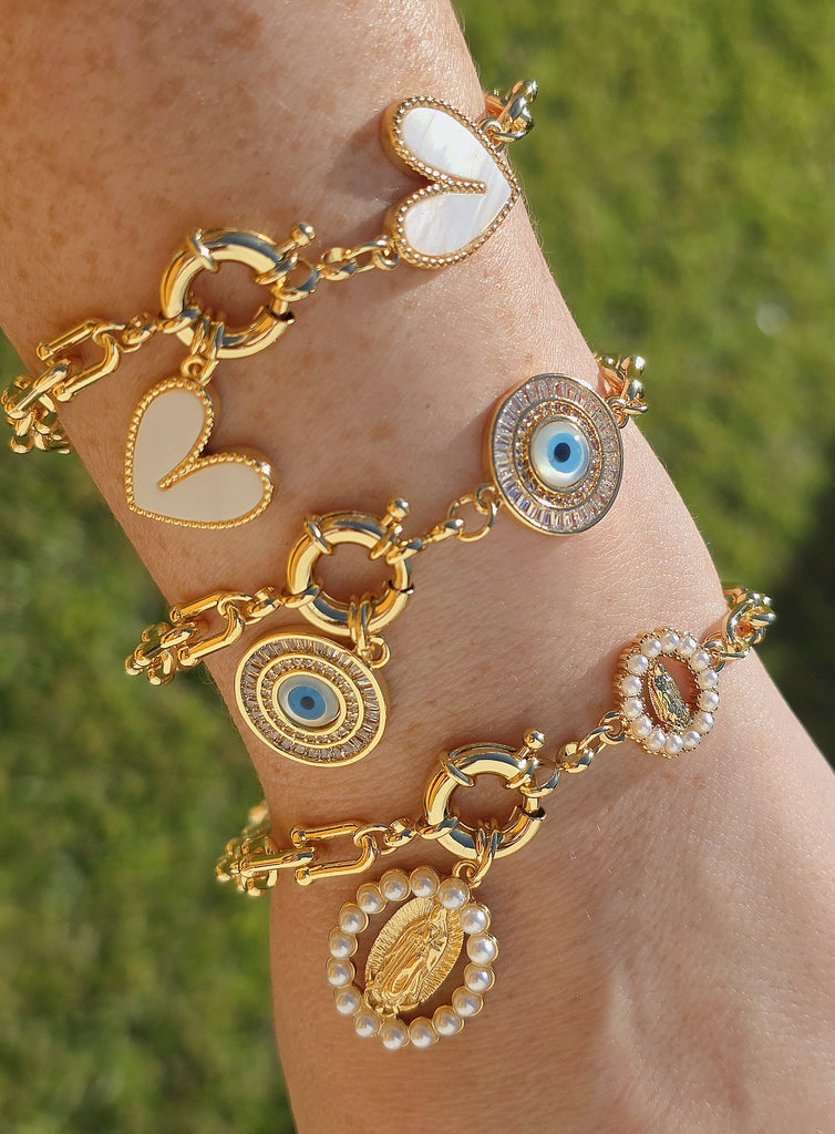 18k gold plated heart, evil eye and lady of guadalupe bracelets