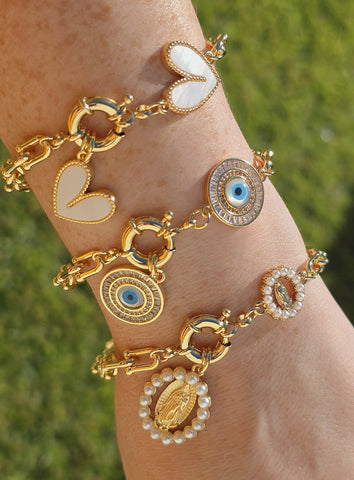 18k gold plated heart, evil eye and lady of guadalupe bracelets