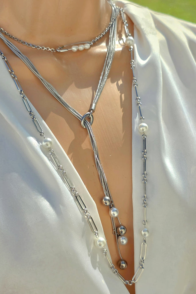 Stainless steel safety pin, Paperclip and pearls necklaces