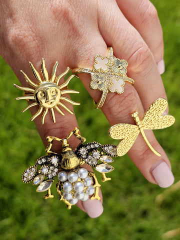 18k gold plated sun, clovers, beetle and dragonfly rings