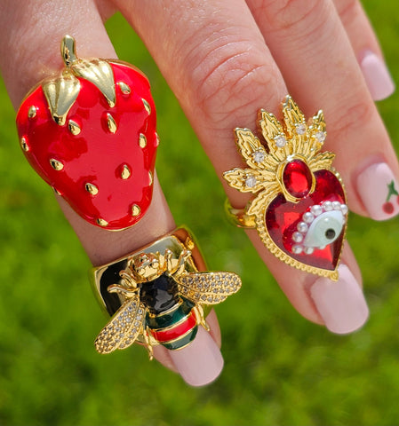 18k gold plated strawberry, bee, evil eye rings