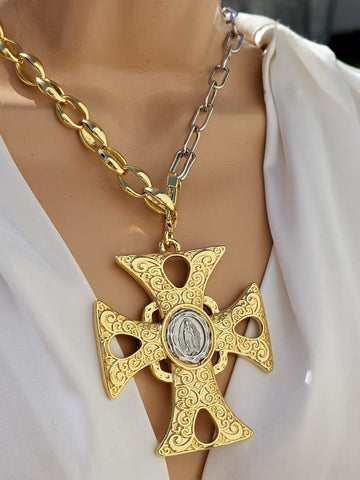 18k gold plated cross and lady of guadalupe necklaces