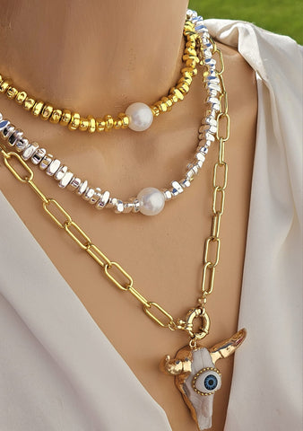 18k gold plated pearl and skull cow necklaces