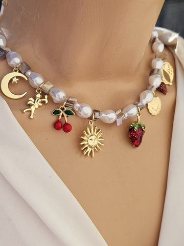 18k gold plated cherry and strawberry necklaces