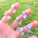 18k real gold plated square and tear drop crystal rings