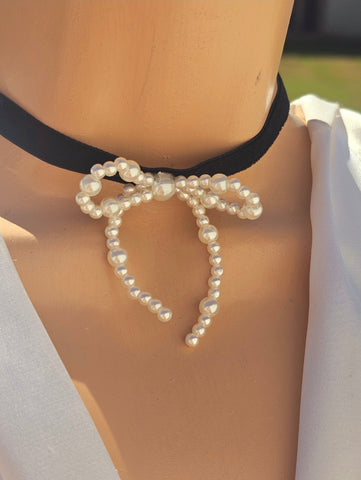 18k gold plated pearls bow choker necklace