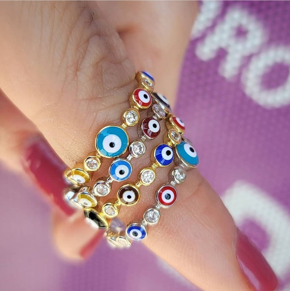.925 Sterling silver multicolor evil eye and CZ ring