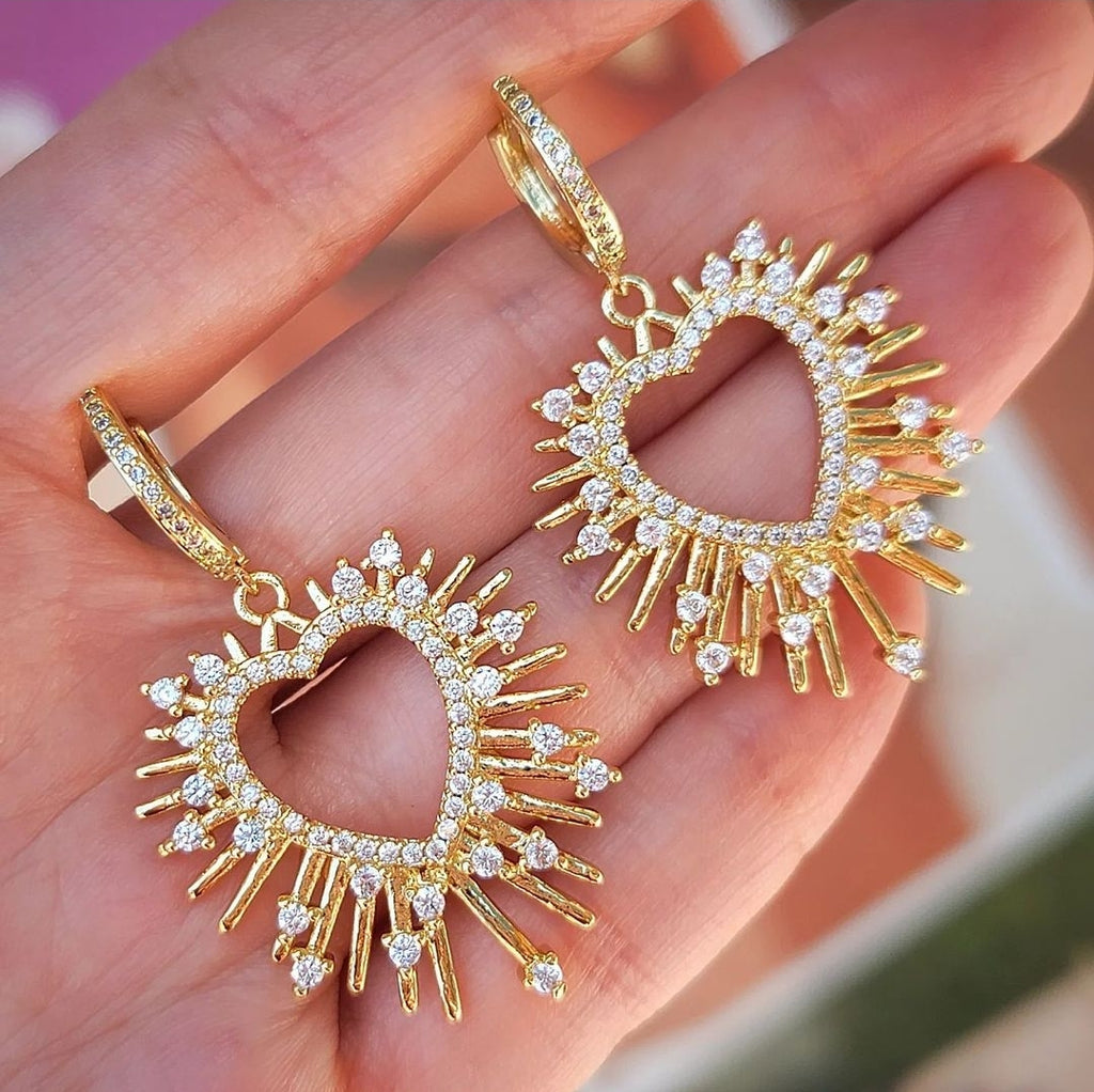18k real gold plated cz heart hoop earrings