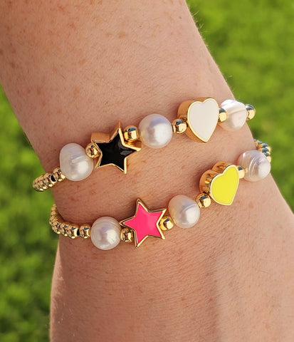 18k real gold plated pearl, heart, and star bracelets