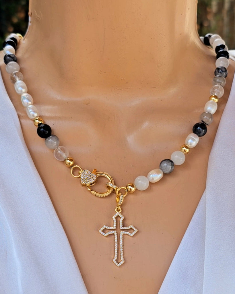 18k real gold plated and natural stone cz cross necklaces