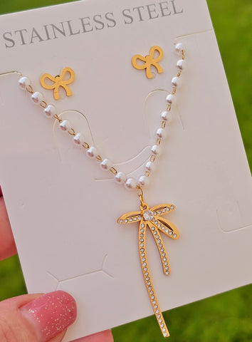 Stainless steel bow necklace and earrings set