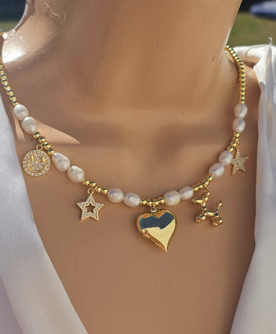 18k gold plated dangling charms and pearls necklace