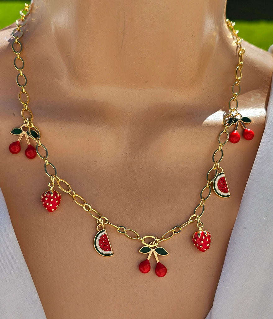 18k gold plated dangling cherry, strawberry, watermelon necklace