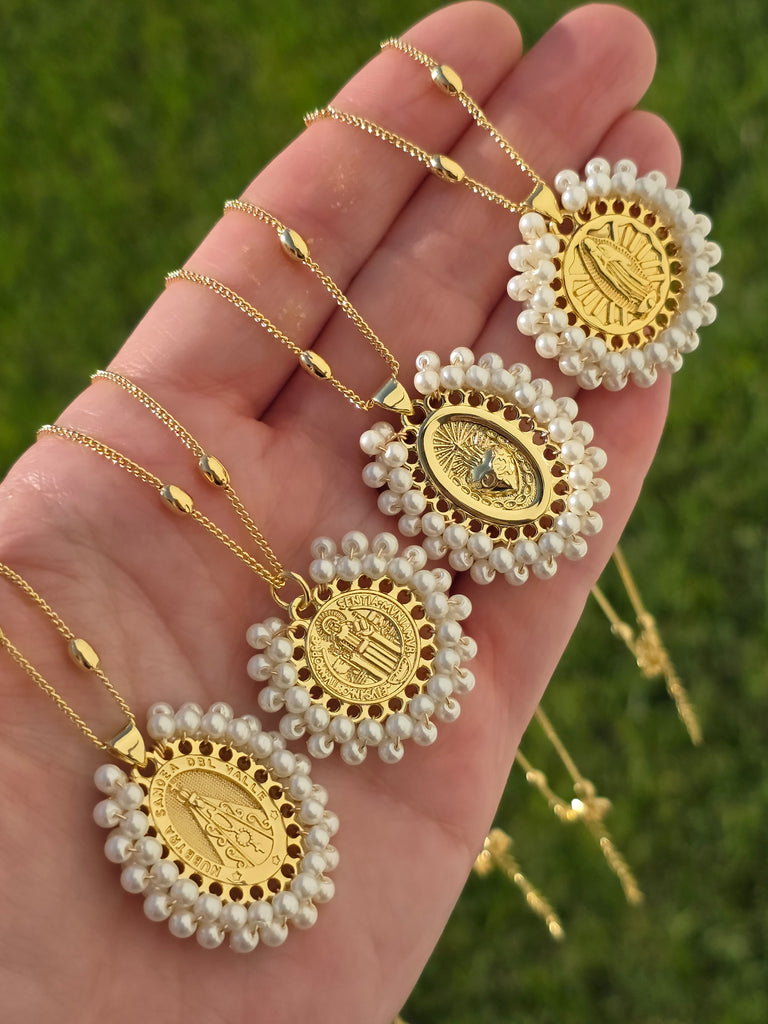 18k gold plated San Benito, Lady of Guadalupe, Lady of San Juan del Valle & Sacred heart necklaces