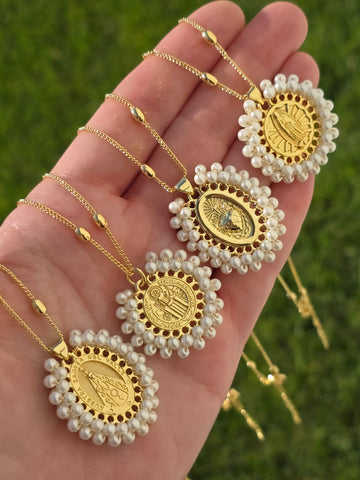 18k gold plated San Benito, Lady of Guadalupe, Lady of San Juan del Valle & Sacred heart necklaces