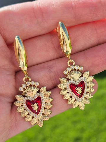 18k gold plated dangling CZ sacred heart hoop earrings