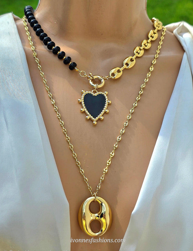 18k gold plated black heart and 30in coffee bean necklace
