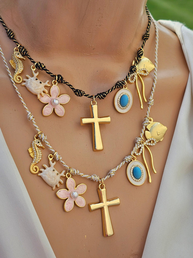 18k gold plated cross, flower, sea horse adjustable necklaces