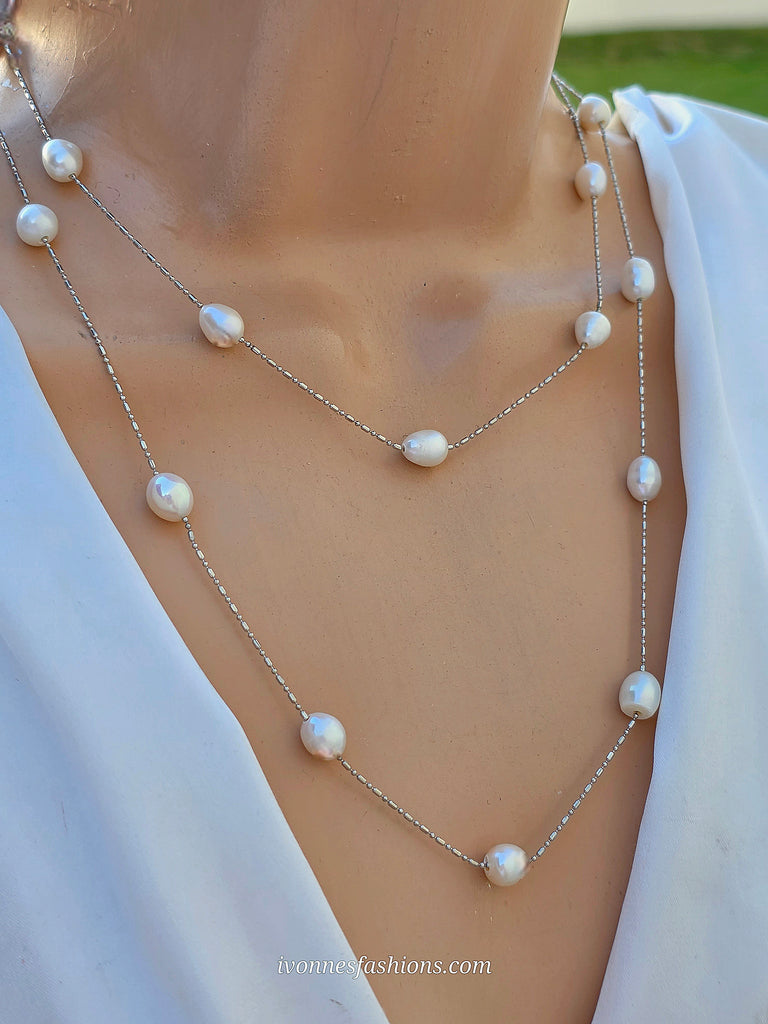 .925 Sterling silver plated and  freshwater pearl 36in necklace