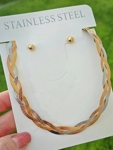 Stainless steel braided necklace and earrings set