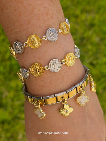 18k gold plated Clover, San Benito and Lady of Guadalupe bracelets