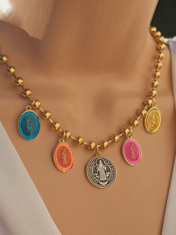 18k gold plated dangling religious medals necklace