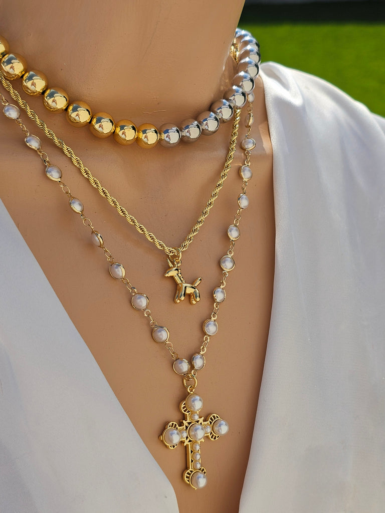 18k gold plated balls, unicorn and pearls cross necklace