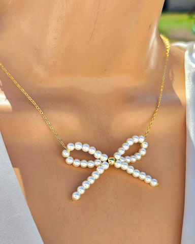 18k gold plated pearls bow necklace