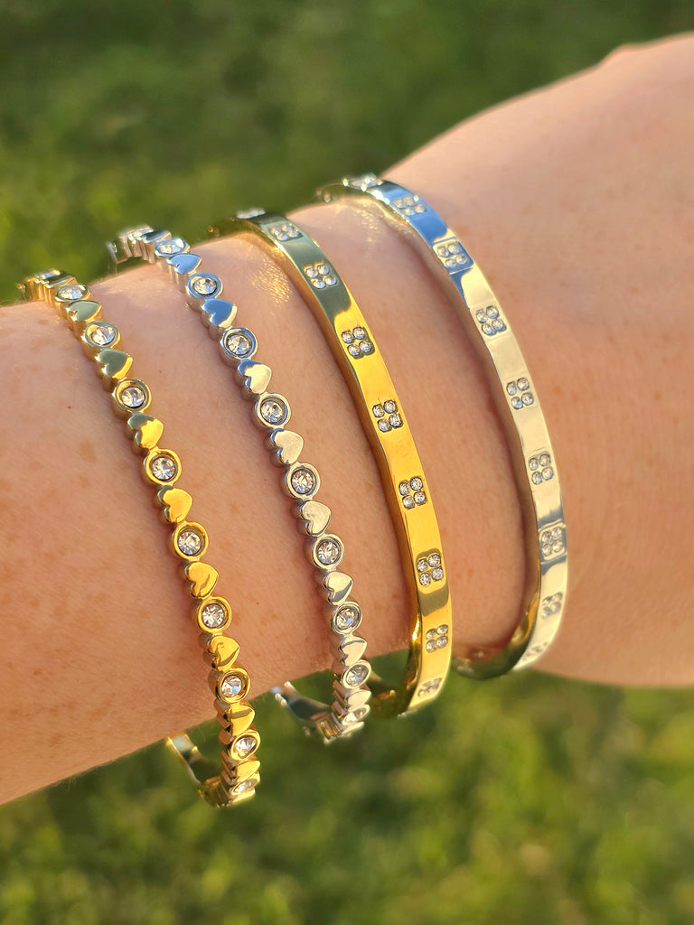 Stainless steel CZ and hearts bangle bracelets