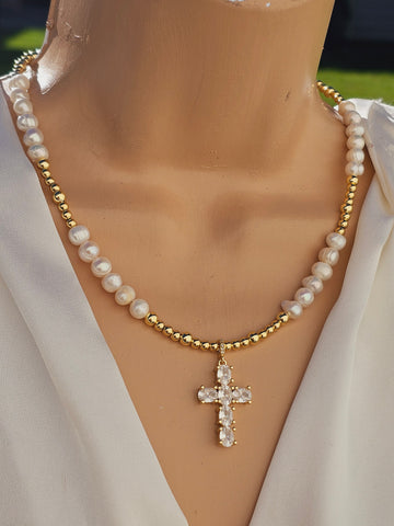 18k gold plated pearls CZ cross necklace